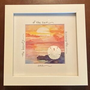 Framed Beach Sand Dollar Art “The beauty of the sun kissing the sea” 7”x7”